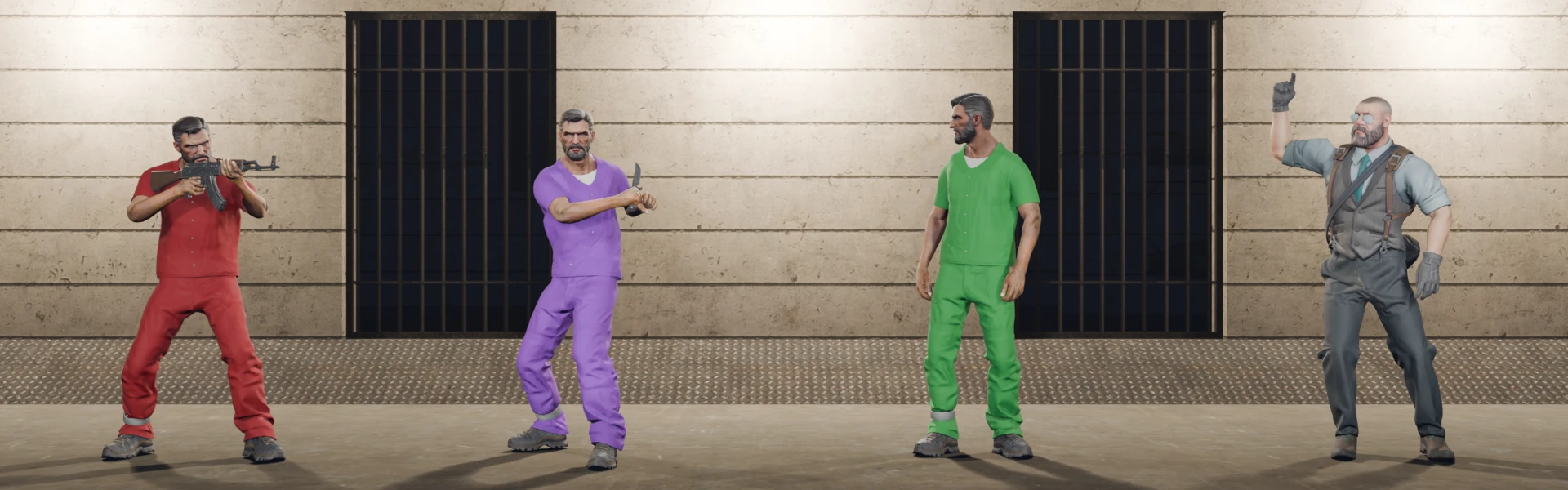 A rebel in red, a knife rebel in purple, a freeday in green, and the warden (preview render)