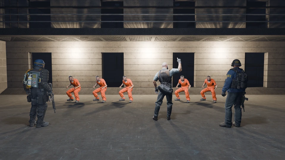 Prisoners carry out an order while the guards watch