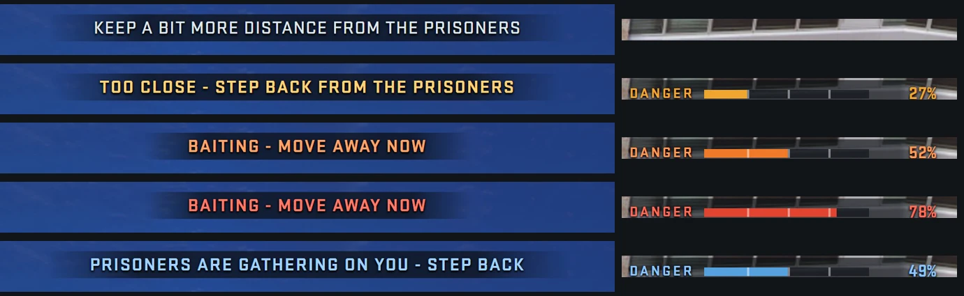 What the guard sees, from the first hint to the final warning: the hint, a warning at 27%, the slap zone at 52%, the final warning at 78%, and the notice when prisoners gather on a guard