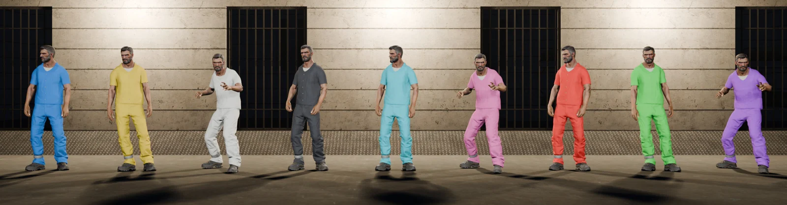 Nine prisoners, each in a different team colour (preview render)