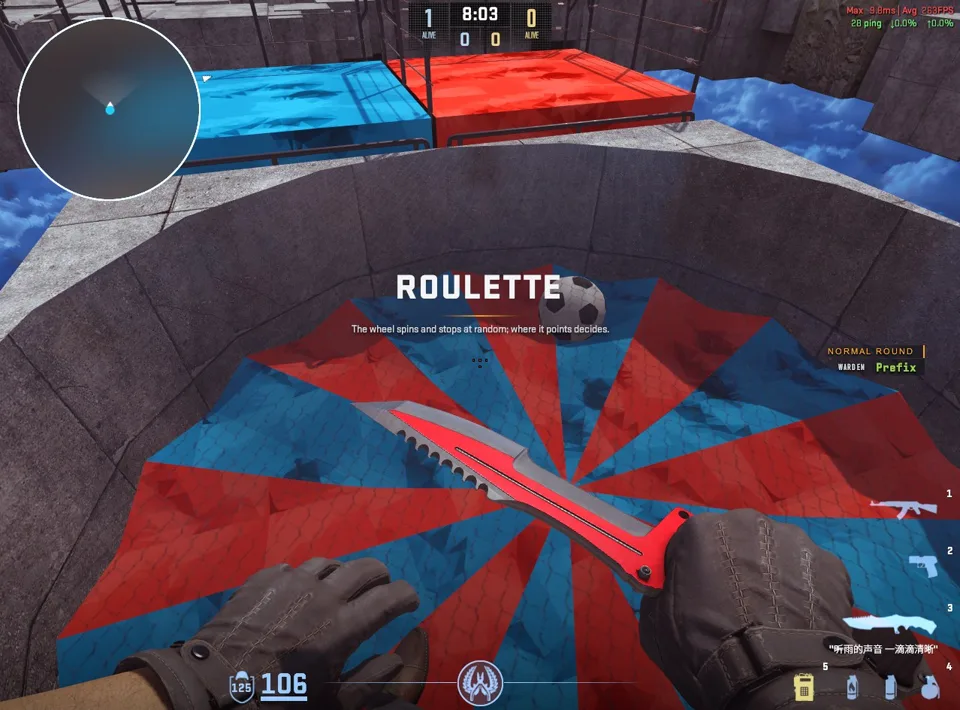 The warden stands in the roulette on Clouds; the screen shows ROULETTE and how the game is played
